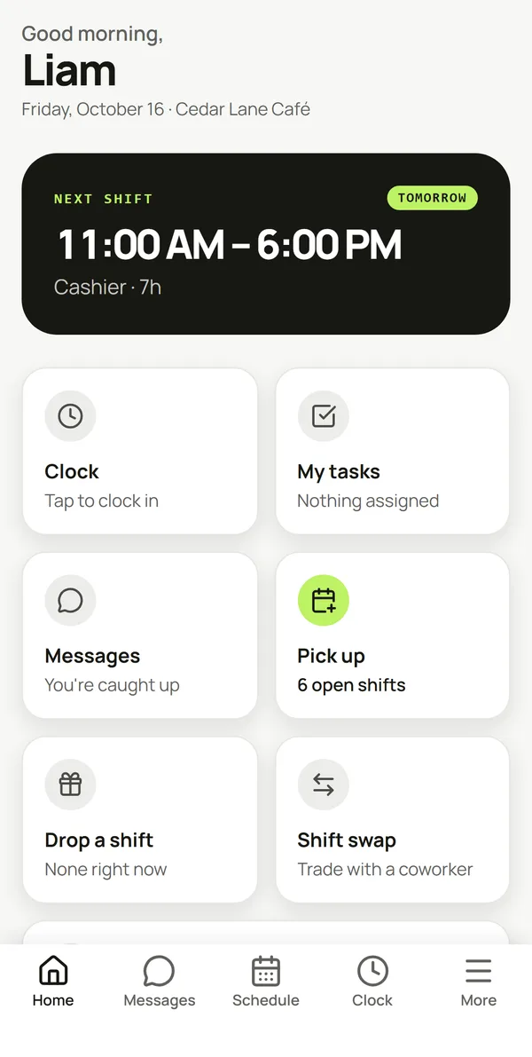 The SimpleStaff app's home screen: tomorrow's shift, clock in, open shifts to pick up, and shift swaps