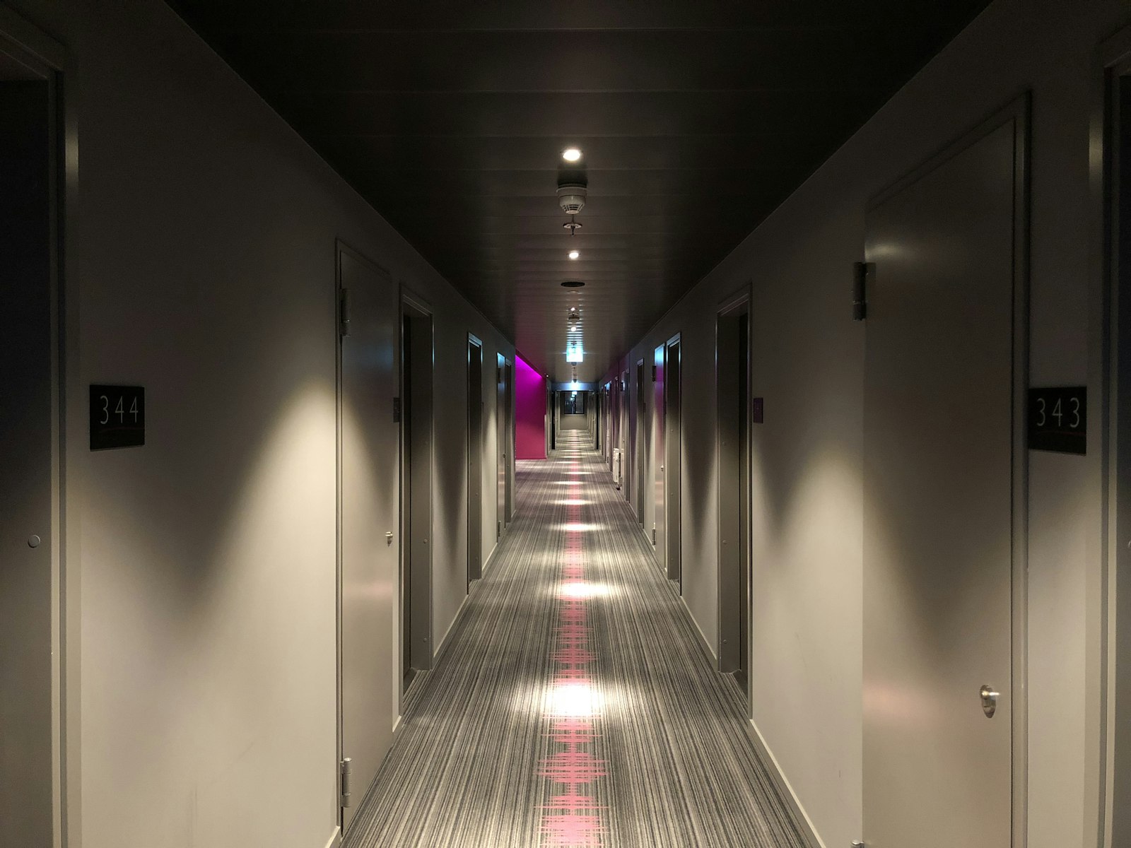 A quiet hotel corridor lined with guest room doors